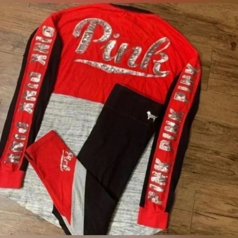 VS PINK RED COLORBLOCK BLING SHIRT/ LEGGINGS OUTFIT  S